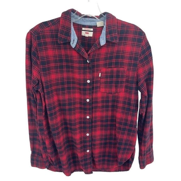 Levi’s flannel shirt top button down plaid red black small - Picture 5 of 10